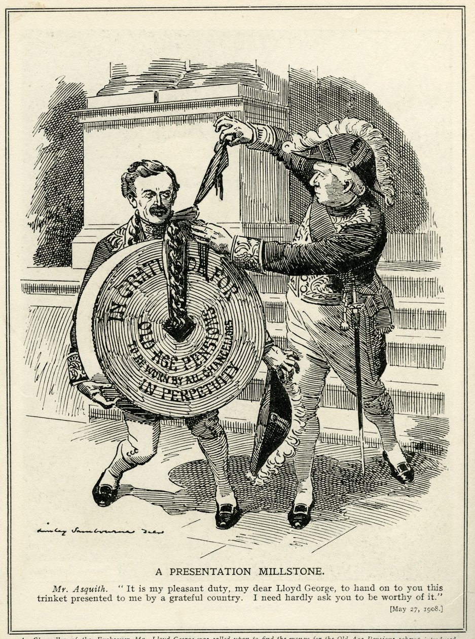 "Esitys Millstone", pääministeri Asquith esittelee valtiovarainministeri Lloyd Georgelle vanhuuseläkejärjestelmän, 1908 tekijältä Edward Linley Sambourne