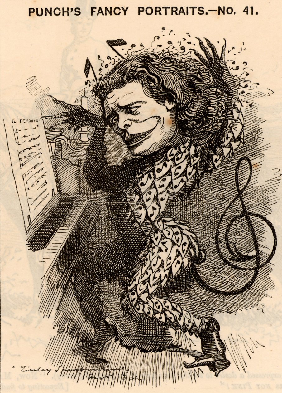 ""Anton Rubinstein (1829-1894) venäläinen pianisti, säveltäjä ja kapellimestari, Pietarin konservatorion perustaja. Lontoon konserttikaudella 1881 hän ansaitsi noin 10 000 puntaa. Yksi hänen sävellyksistään oli ooppera "Demon" (1875). Edwan sarjakuva tekijältä Edward Linley Sambourne