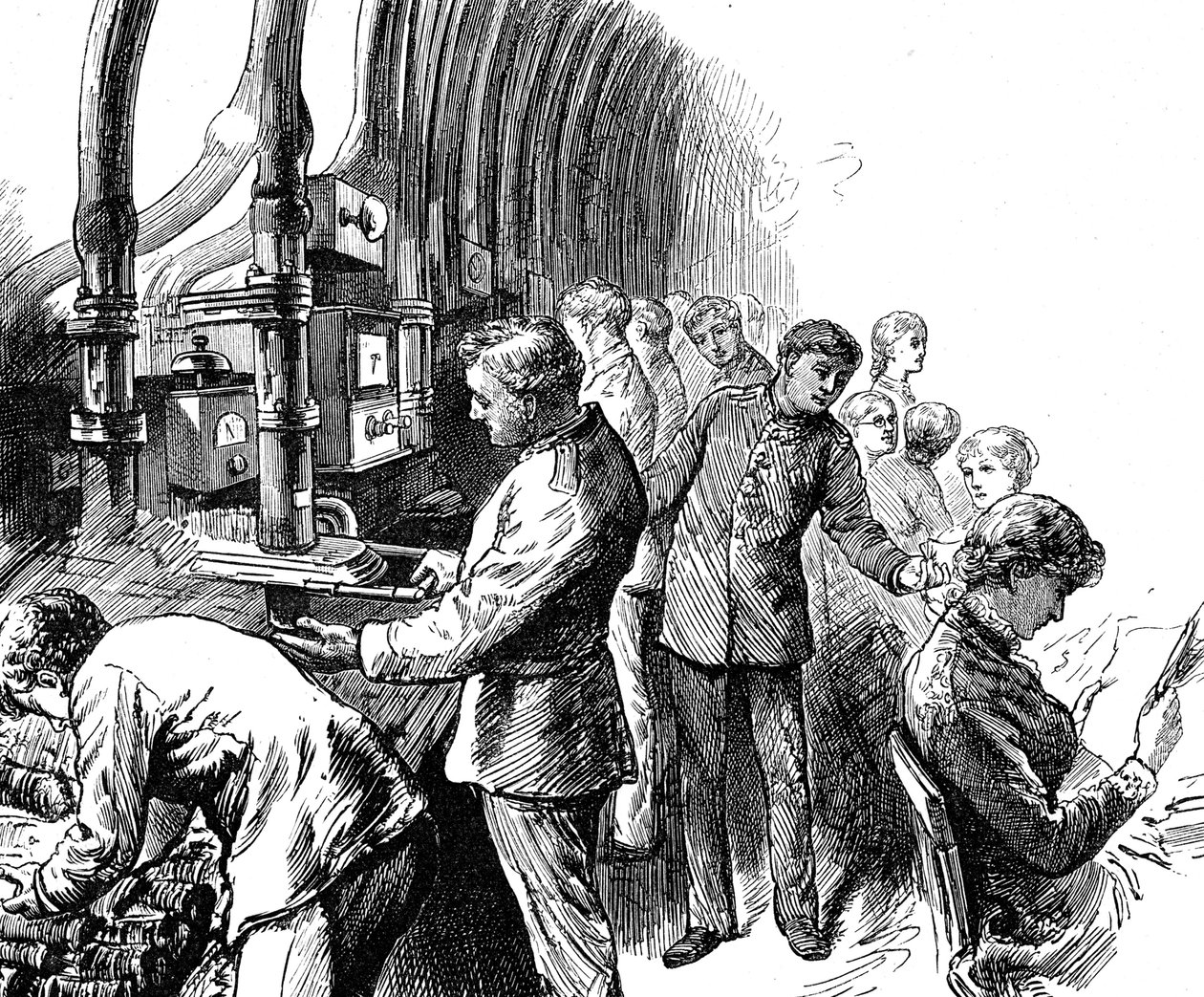 Kaiverrus, joka kuvaa pneumaattista lähetystä, jota General Post Office käytti pakettien kuljettamiseen Lontoon alla. Edward Linley Sambourne (1844-1910) oli englantilainen sarjakuvapiirtäjä ja kuvittaja. Päivätty 1800-luvulta ©UIG/Leemage tekijältä Edward Linley Sambourne