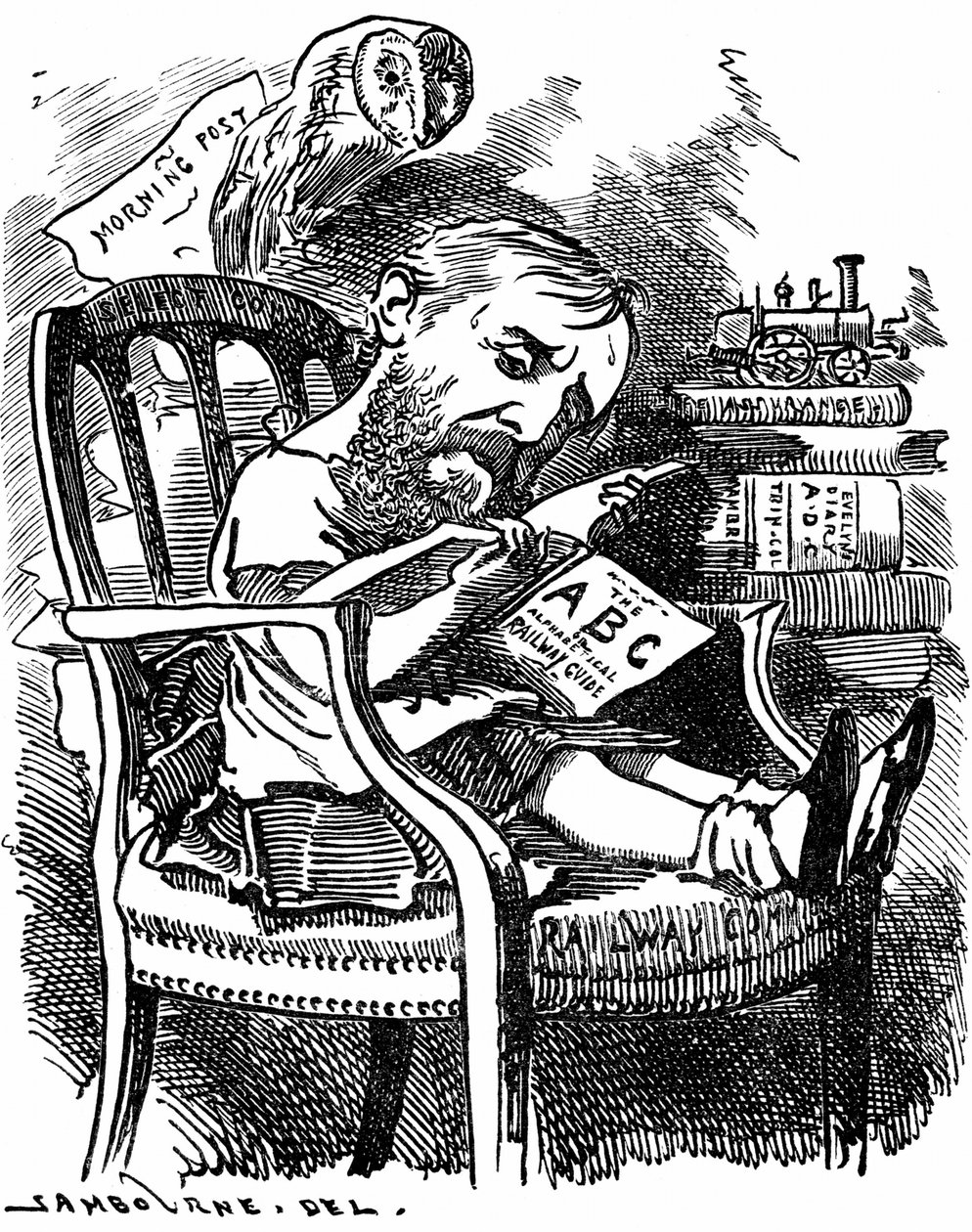 Evelyn Ashley (1836-1907) englantilainen kirjailija ja liberaalipoliitikko: Shaftesburyn seitsemännen jaarlin poika. Edward Linley Sambournen sarjakuva Fancy Portraits -sarjassa Punch Londonista huhtikuussa 1881, kun Ashley oli alisihteeri Board of Tradess tekijältä Edward Linley Sambourne