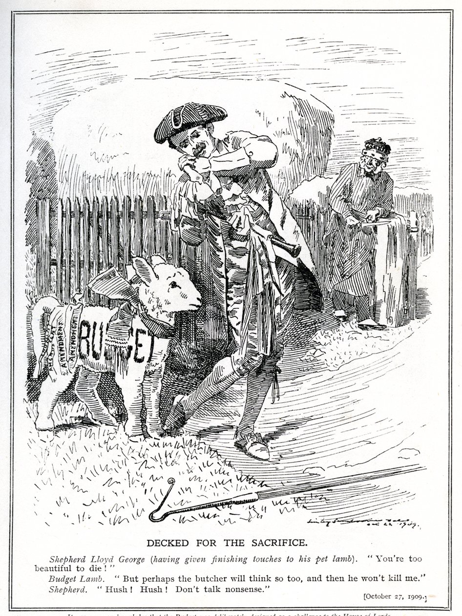 Lloyd George valmistautuu lähettämään "lemmikkikaritsansa", "kansan budjetin", ylähuoneen uhrattavaksi ja tappavaksi, 1909 tekijältä Edward Linley Sambourne