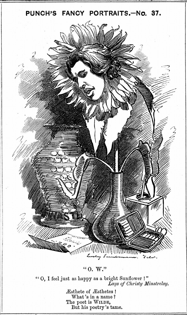 Oscar Wilde (1854-1900) irlantilainen näytelmäkirjailija, kirjailija, runoilija ja nokkeluus. Edward Linley Sambournen sarjakuva Punch Londonin "Fancy Portraits" -sarjasta 25. kesäkuuta 1881, jossa Wilde näkyy auringonkukana. Puunkaiverrus tekijältä Edward Linley Sambourne