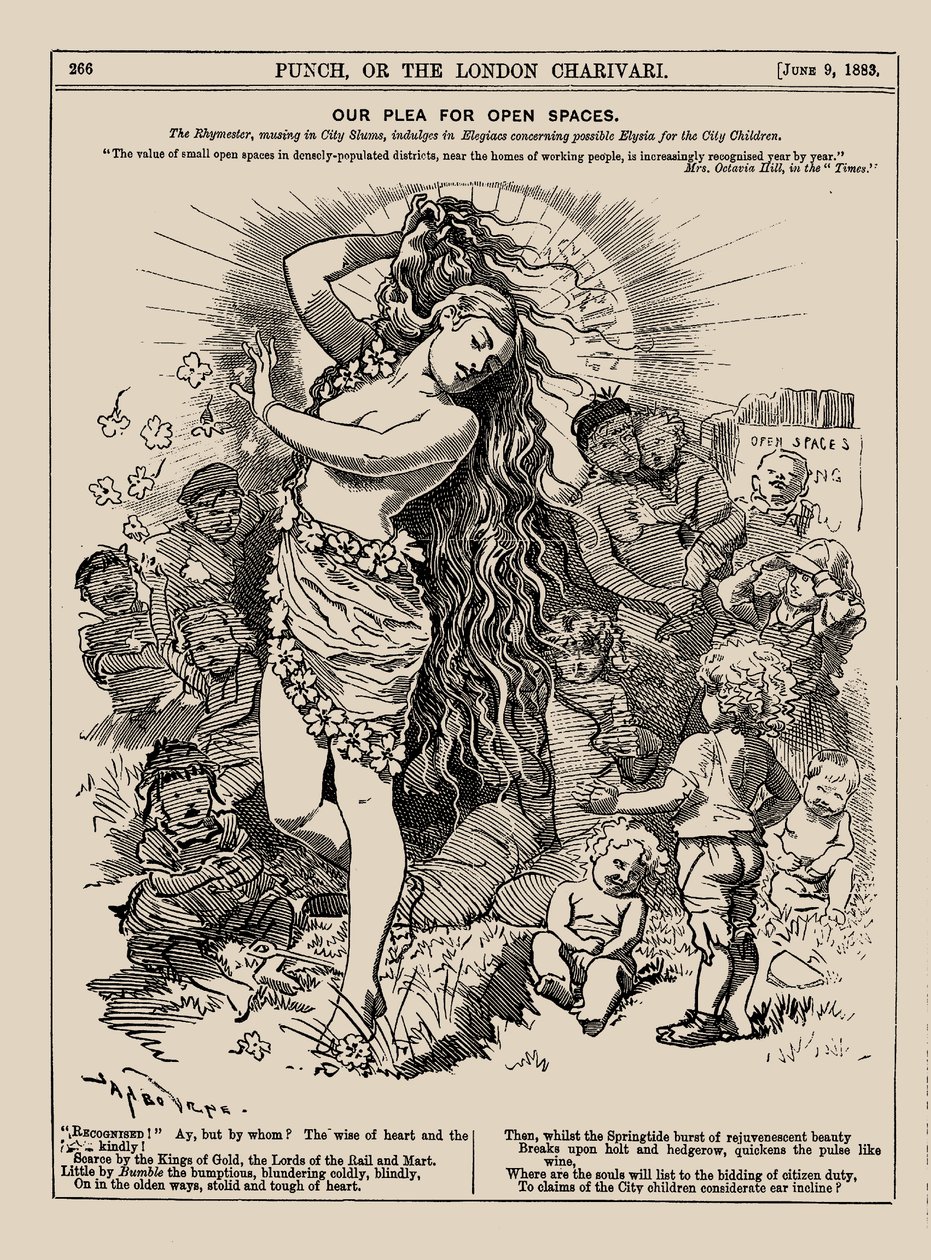 Rukouksemme avoimien tilojen puolesta. Punch, kesäkuu 1883, 1883. tekijältä Edward Linley Sambourne