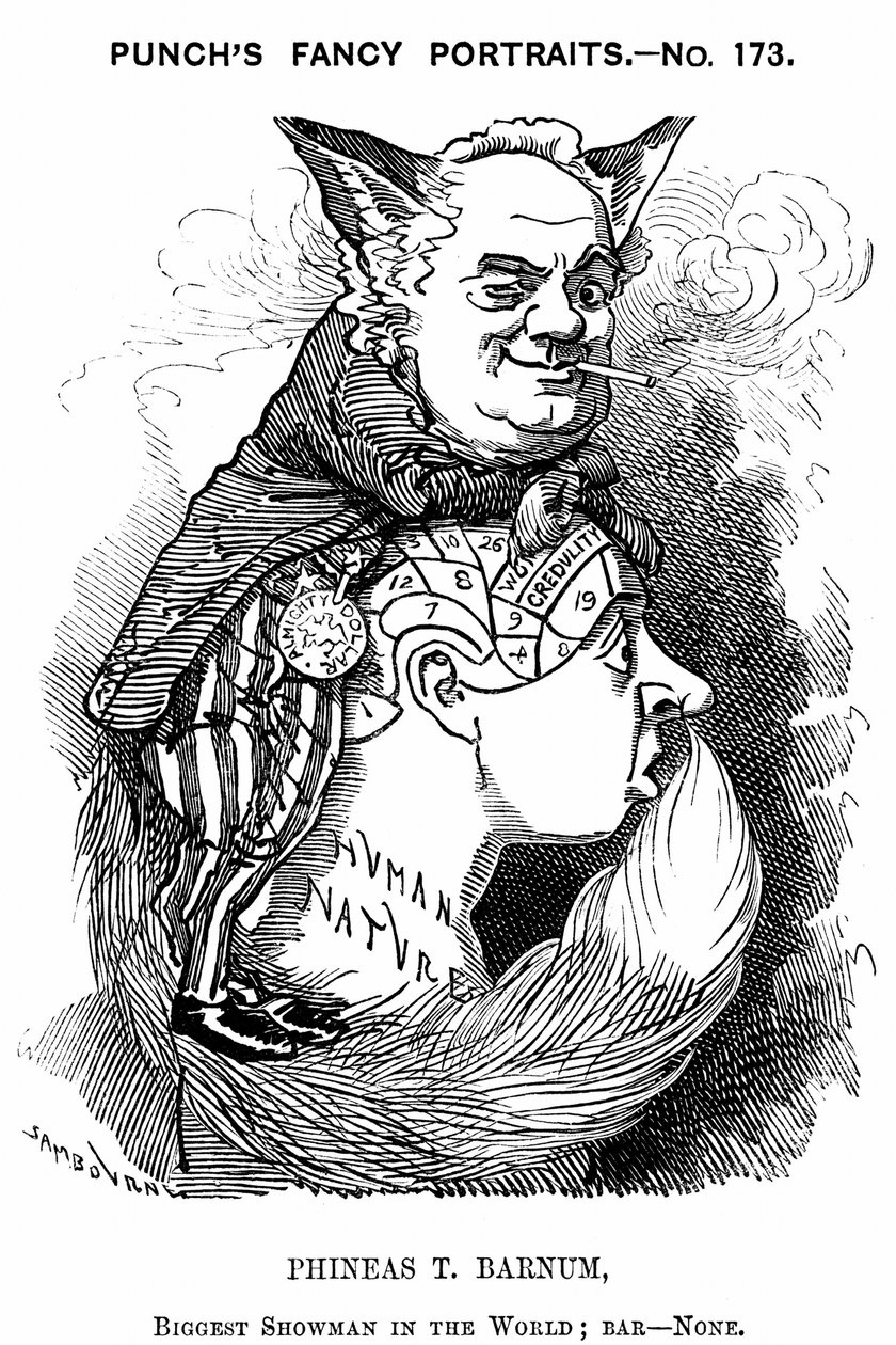 Phineas Taylor Barnum (1810-1891) Amerikkalainen showman: Barnum and Bailey -sirkuksen perustaja. Edward Linley Sambourne -sarjakuva Punch Londonista vuodelta 1884 Fancy Portraits -sarjassa, jossa Barnum näkyy ovelana kettuna, joka käyttää hyväkseen ihmist tekijältä Edward Linley Sambourne