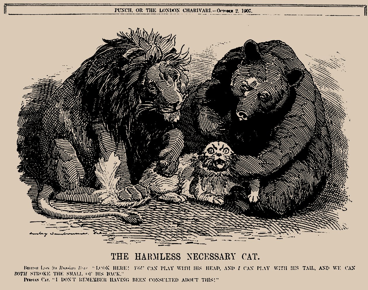 Vaaraton välttämätön kissa. Punch, 2. lokakuuta 1907, 1907. tekijältä Edward Linley Sambourne
