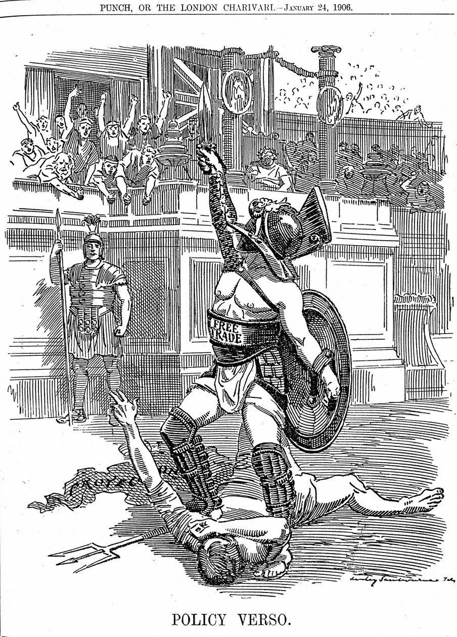 Liberaalihallituksen palattua Britanniaan joulukuussa 1905 vapaakauppa oli pikemminkin kuin konservatiivinen tullitariffin suojelupolitiikka. Edward Linley Sambournen sarjakuva Punch Londonista 24. tammikuuta 1906 tekijältä Edward Linley Sambourne
