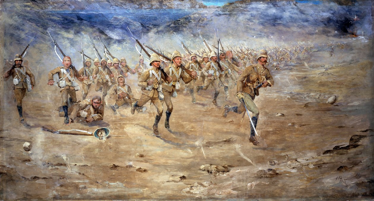 Return of Fore and Aft, Gloucestershiren rykmentti etenee hyökkäykseen, Intian luoteisraja, 1897 tekijältä Edward Matthew Hale