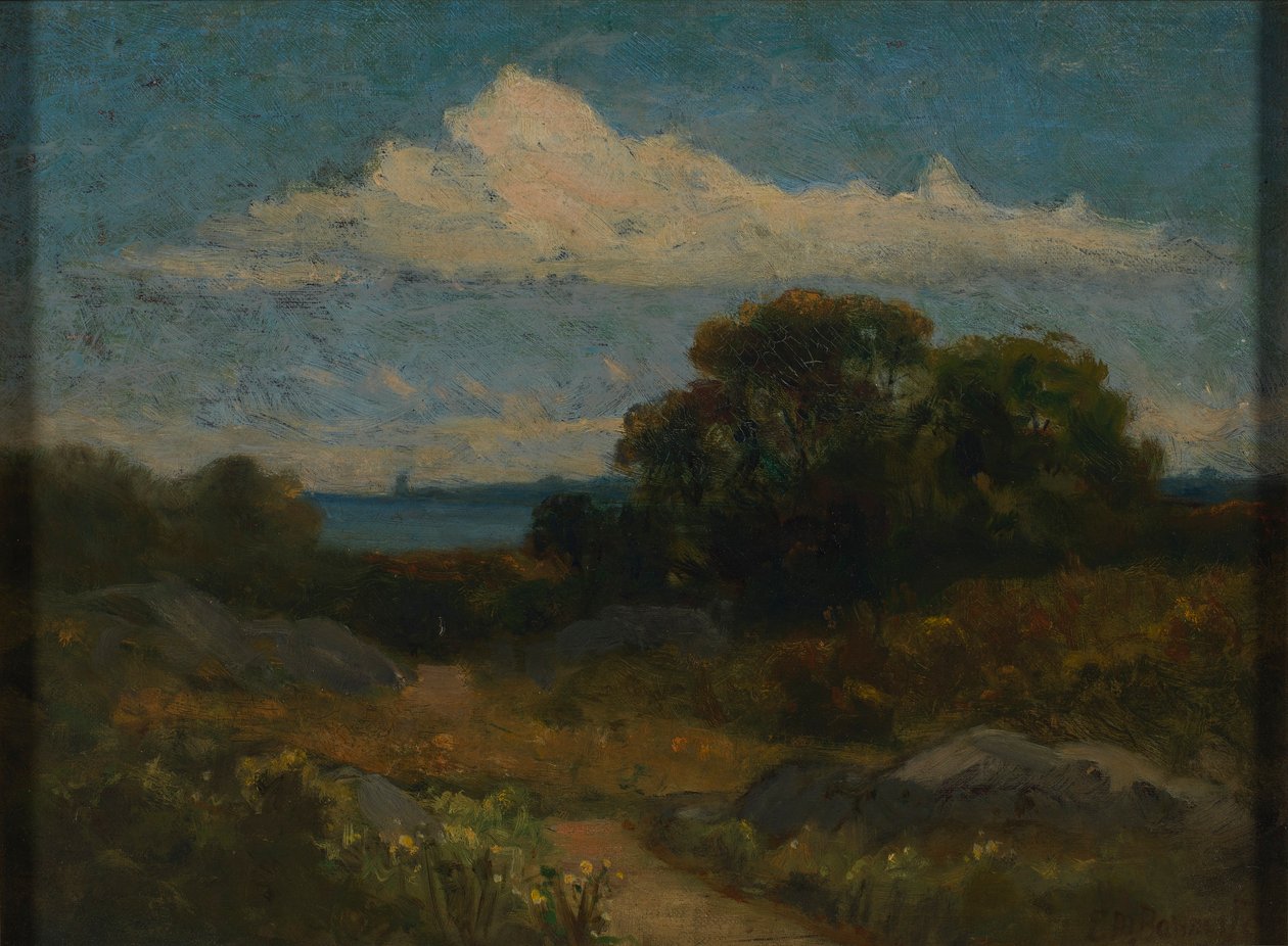 Maisema (puita ja kiviä järven rannalla) tekijältä Edward Mitchell Bannister