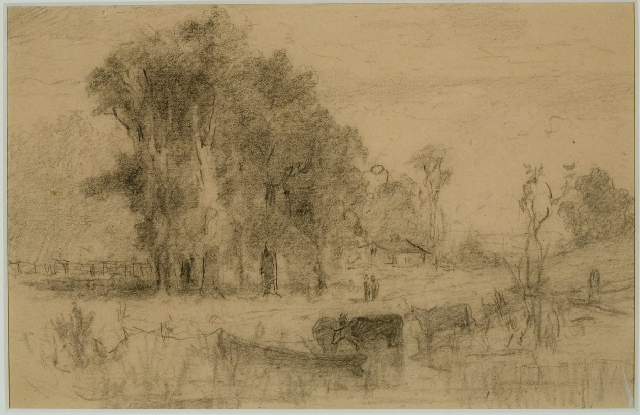 Maisema, soutuvene ja lehmät (nro 57) C. 1880 (grafiitti paperille) tekijältä Edward Mitchell Bannister