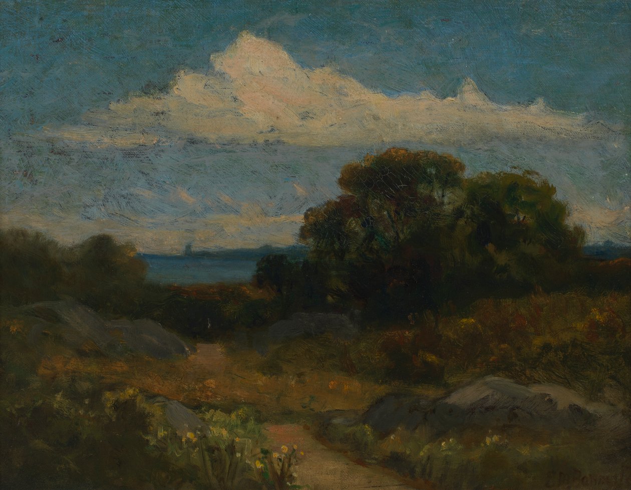 Maisema puita ja kiviä järven rannalla. tekijältä Edward Mitchell Bannister