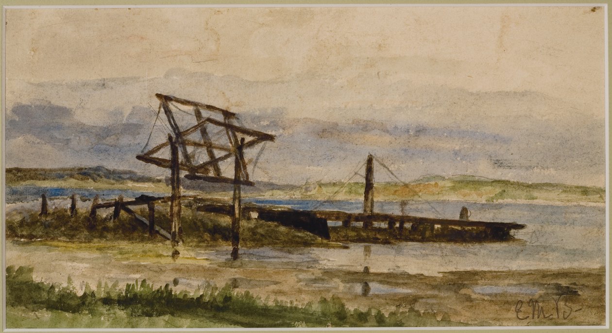 Maisema telakan kanssa, meri ja ranta (nro 18), c. 1880 (akvarelli paperille) tekijältä Edward Mitchell Bannister