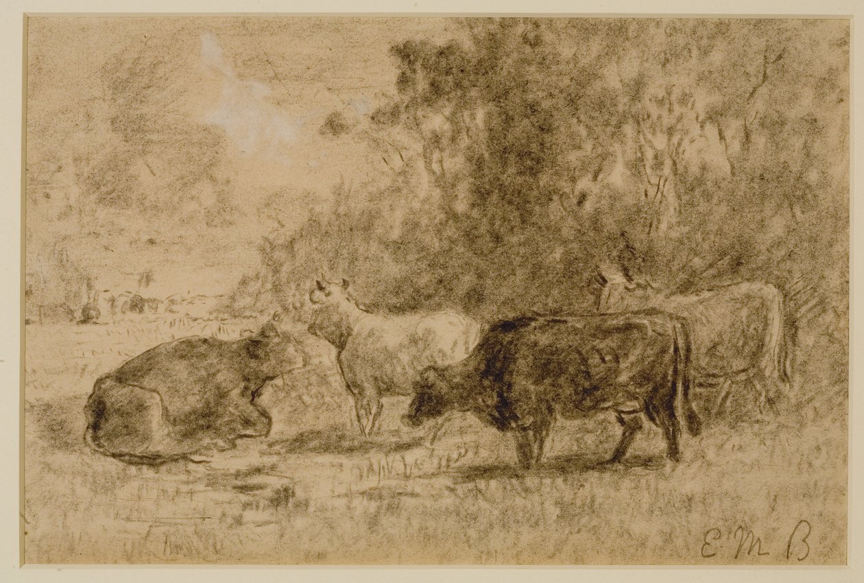 Maisema neljän lehmän kanssa, c. 1880-luku (hiili paperilla) tekijältä Edward Mitchell Bannister