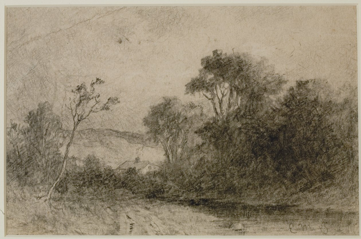Maisema kattojen kanssa puiden takana (#49) c. 1880-luku (grafiitti paperille) tekijältä Edward Mitchell Bannister