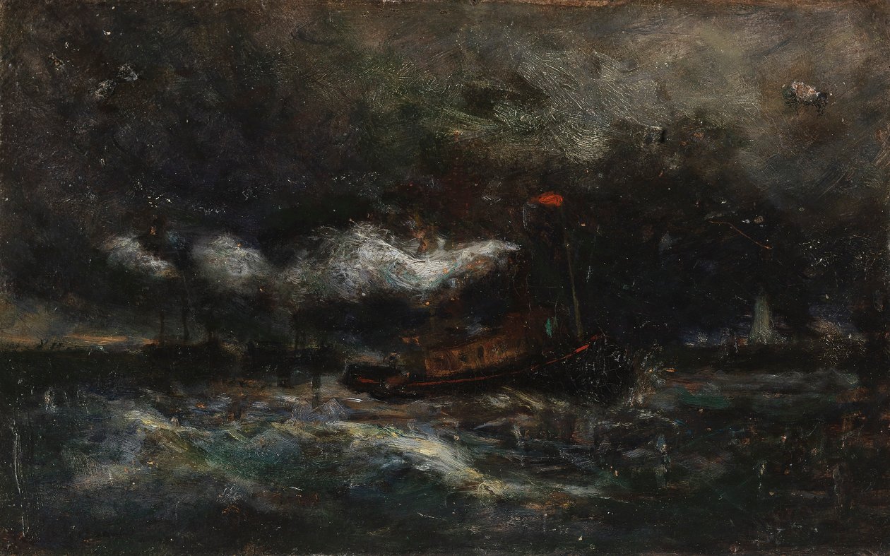 Squall, Brenton Light (vene myrskyssä, taustalla majakka) tekijältä Edward Mitchell Bannister