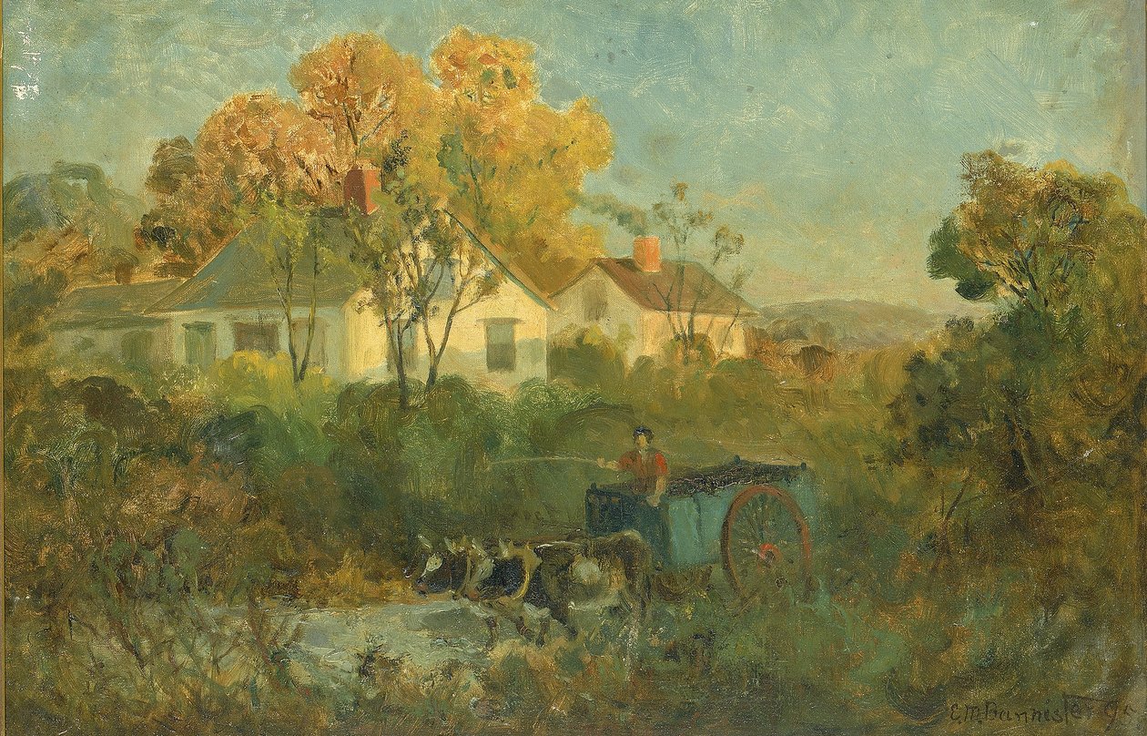 Juoma-allas (mies kärryissä härkien kanssa altaalla) tekijältä Edward Mitchell Bannister