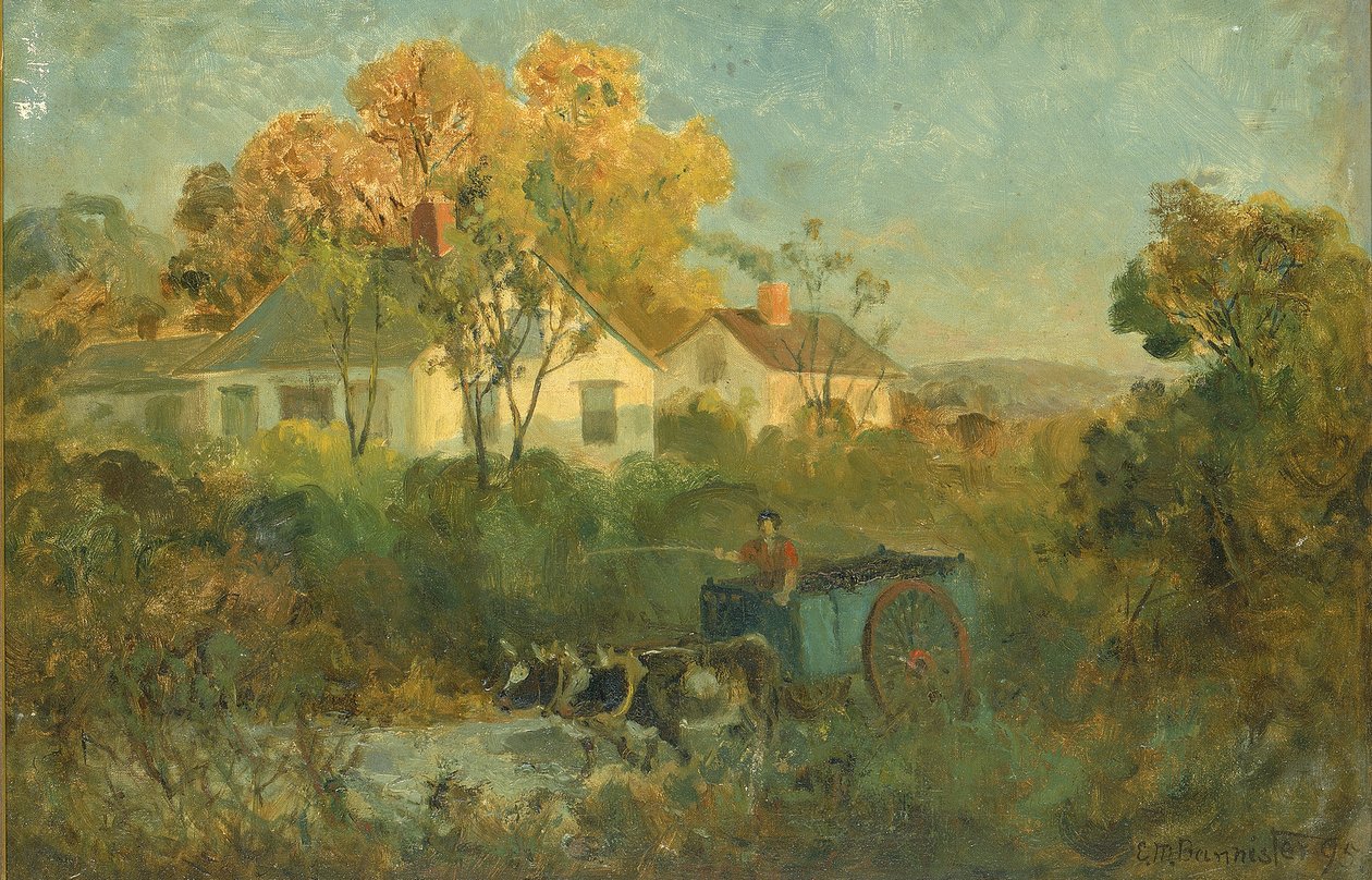 Juomaallasmies kärryssä härkien kanssa uima-altaalla, 1895. tekijältä Edward Mitchell Bannister