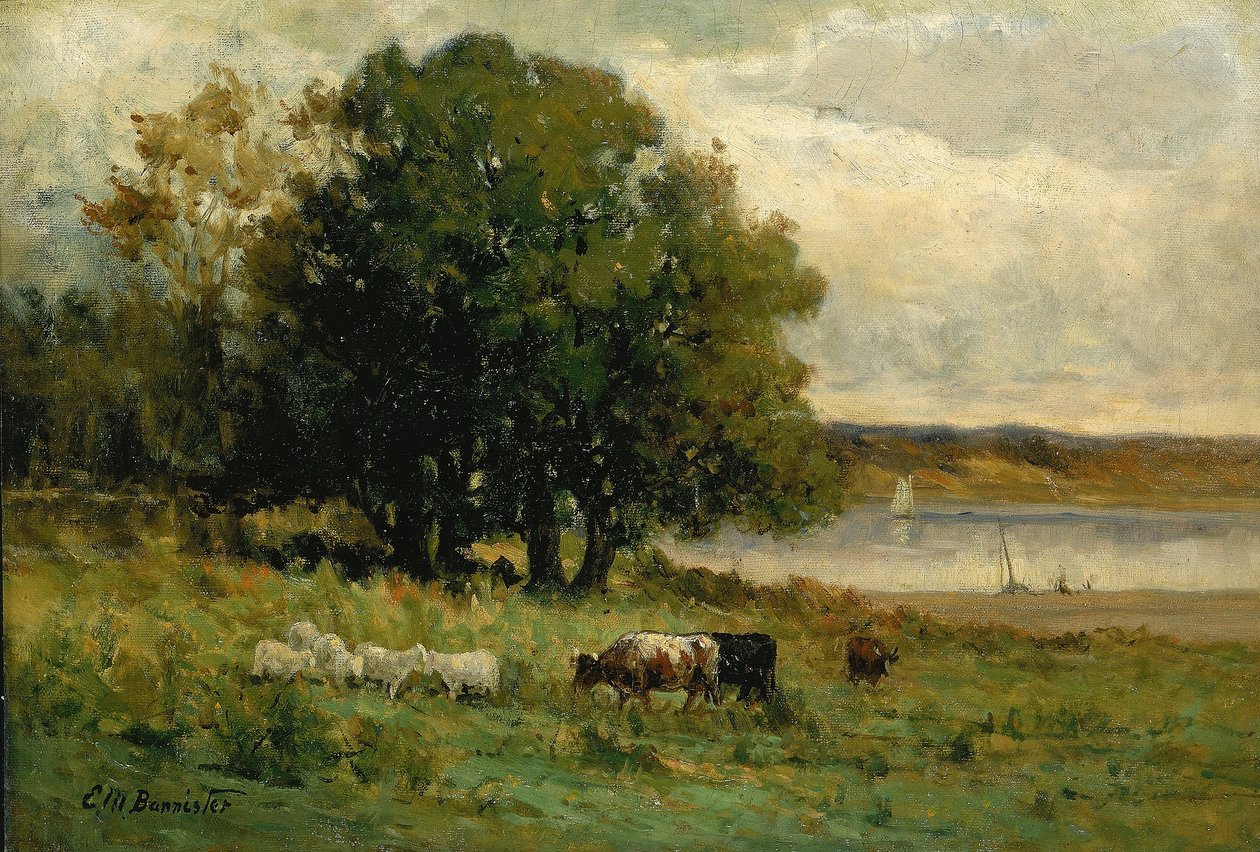 Nimetön (karjaa joen varrella ja purjevene kaukana) tekijältä Edward Mitchell Bannister