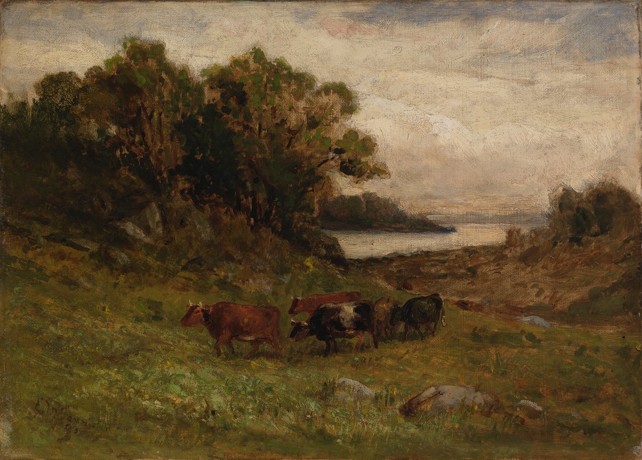 Nimetön (viisi lehmää laiduntamassa, taustalla puita ja joki) tekijältä Edward Mitchell Bannister