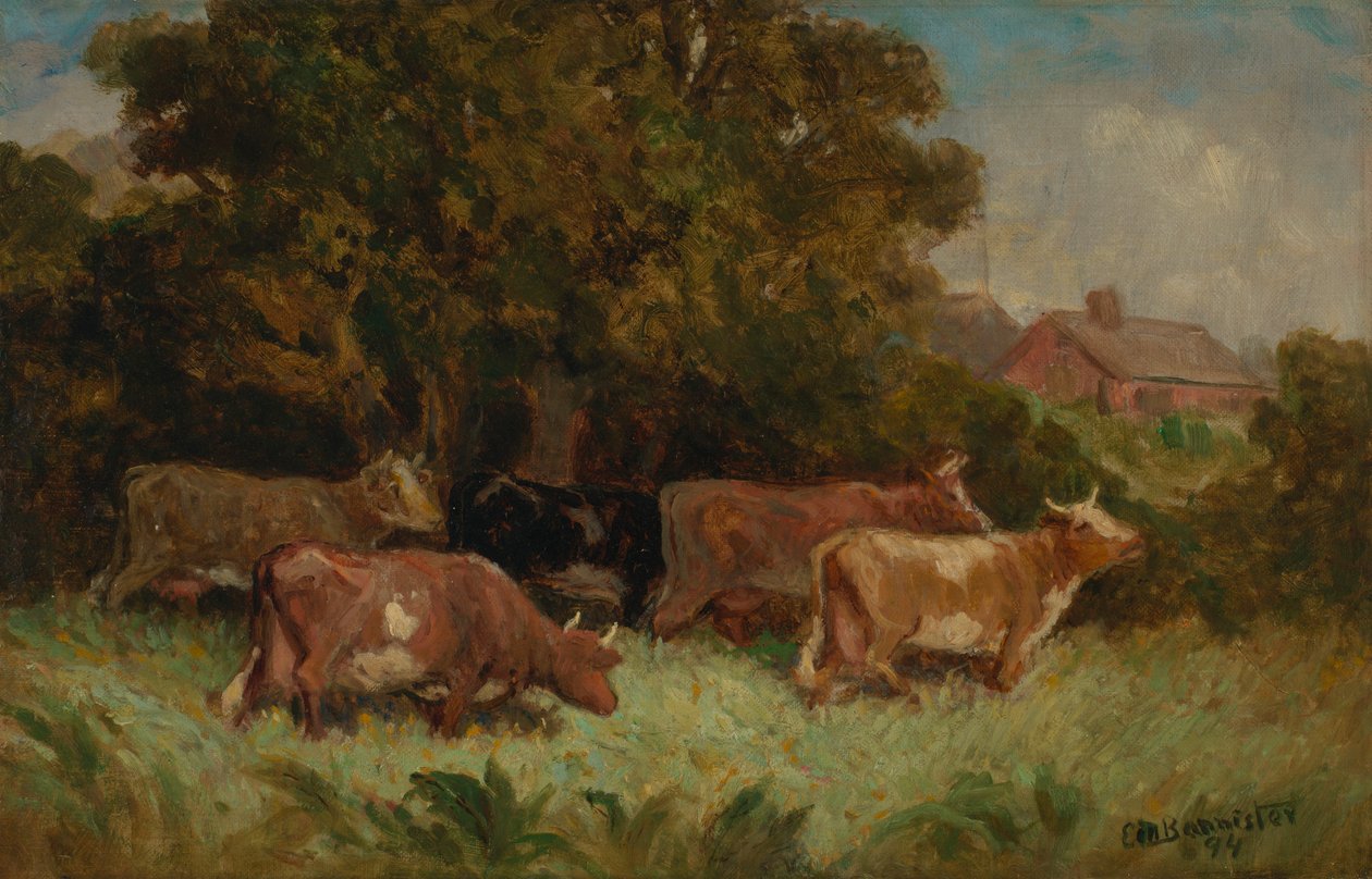 Nimetön (viisi lehmää laitumella, taustalla katto) tekijältä Edward Mitchell Bannister