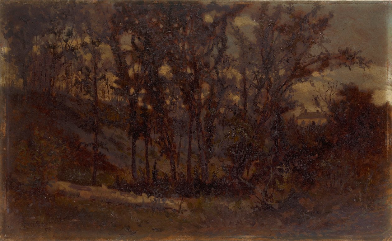Nimetön (metsäkuva, kaatunut puu etualalla ja talo taustalla) tekijältä Edward Mitchell Bannister