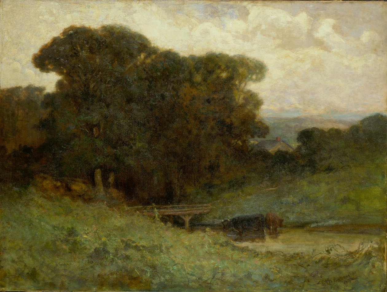 Nimetön (metsäkuva, silta, lehmiä purossa etualalla) tekijältä Edward Mitchell Bannister
