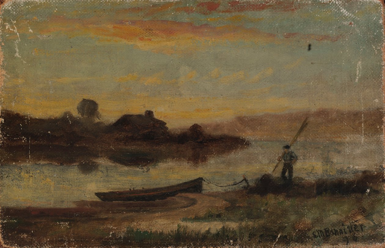 Nimetön (maisema, vene ankkuroituna lähelle rantaa, mies kävelee) tekijältä Edward Mitchell Bannister