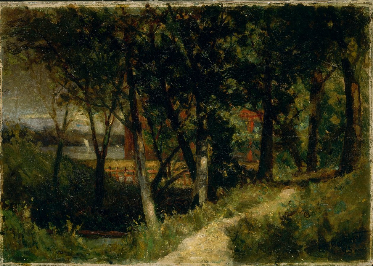 Nimetön (maisema, metsäkuva, punainen aita ja rakennus) tekijältä Edward Mitchell Bannister
