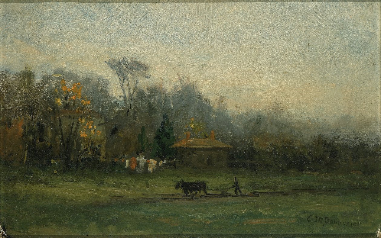Nimetön (maisema, jossa mies kyntää peltoja) tekijältä Edward Mitchell Bannister