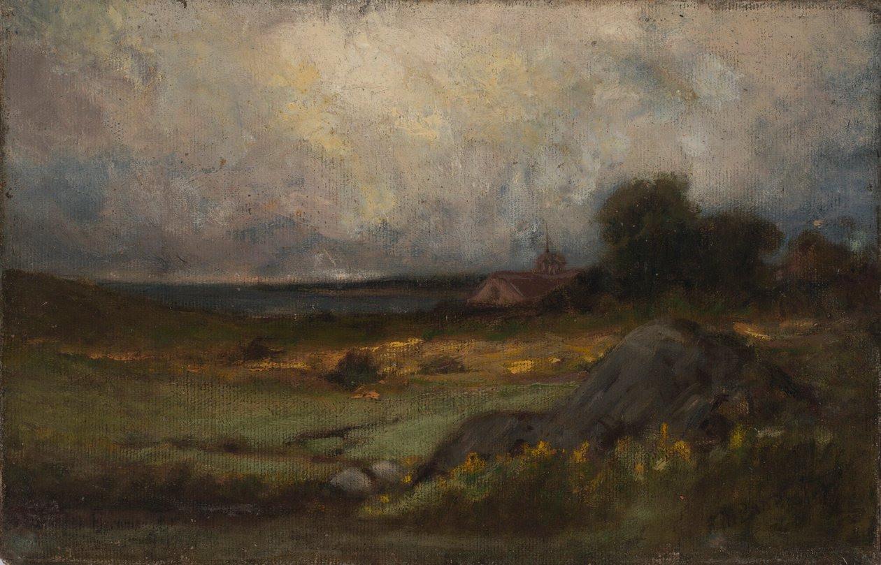 Nimetön (maisema, etualalla kallio ja katto, jossa on kirkontorni, taustalla järvi) tekijältä Edward Mitchell Bannister