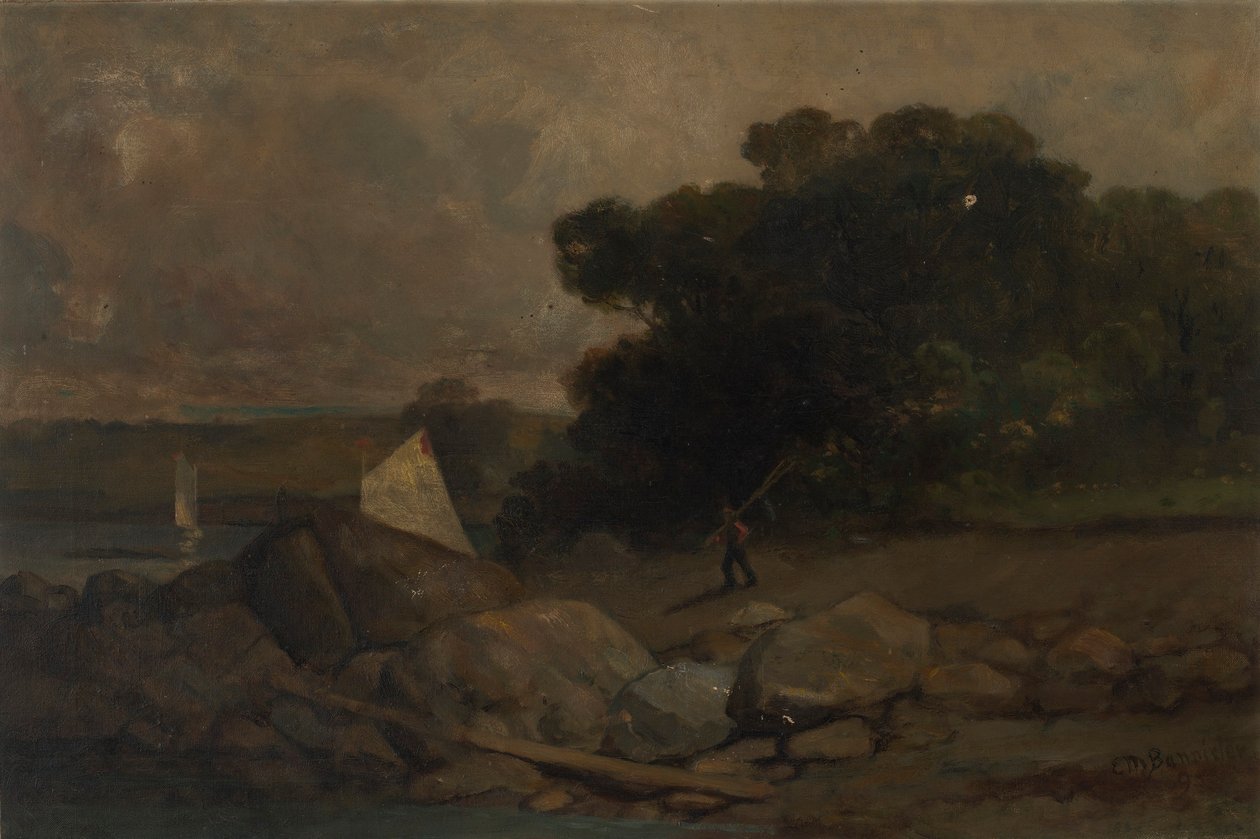 Nimetön (maisema, jossa on kiviä, mies ja purjeveneitä) tekijältä Edward Mitchell Bannister