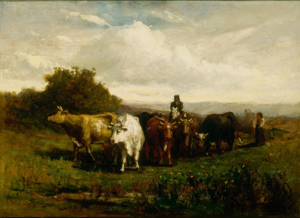 Nimetön (mies hevosen selässä, nainen jalkaisin ajamassa karjaa) tekijältä Edward Mitchell Bannister