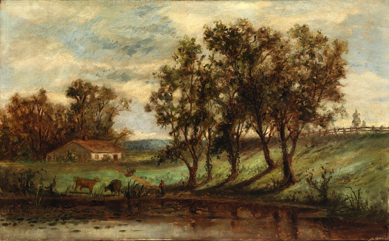 Nimetön (mies lehmien kanssa laiduntamassa lammen lähellä, taustalla talo ja puita) tekijältä Edward Mitchell Bannister