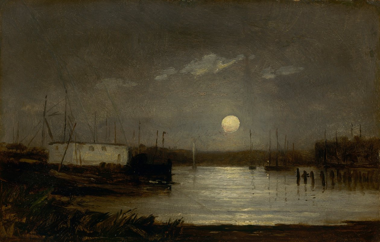 Nimetön (kuu sataman yllä, satamakuva täysikuun ja venemastojen kanssa) tekijältä Edward Mitchell Bannister