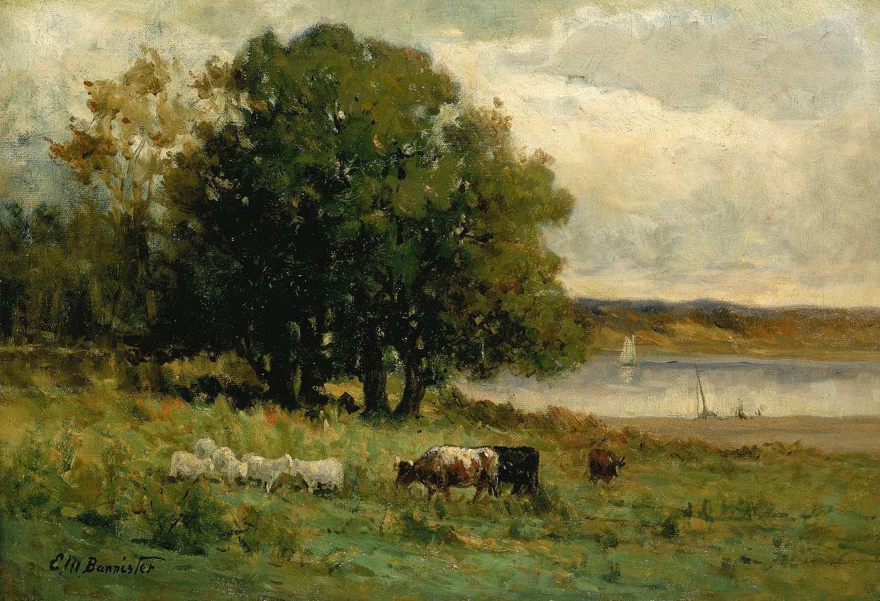 Nimetön karja joen lähellä, purjevene etäisyydellä, n.d. tekijältä Edward Mitchell Bannister