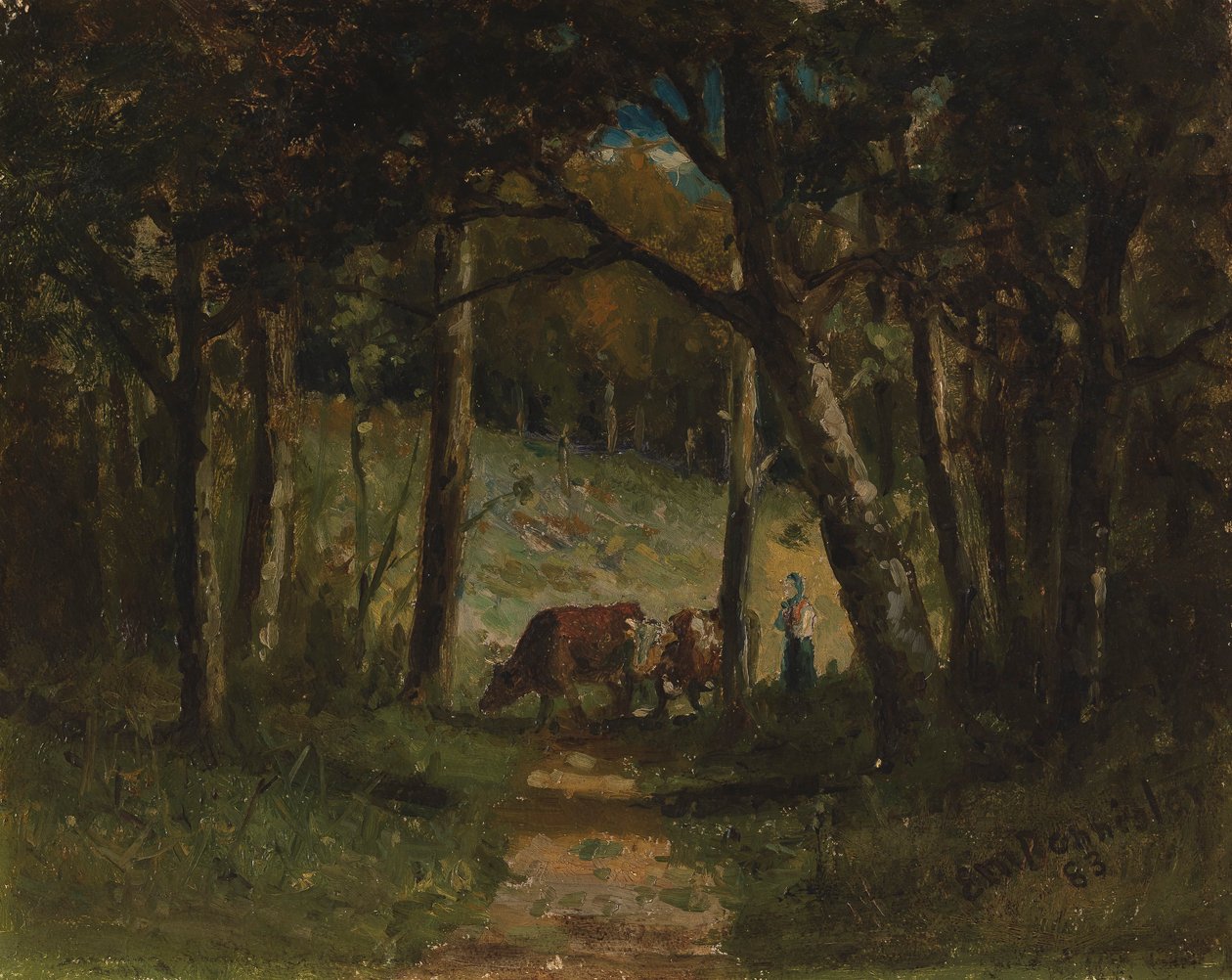 Nimettömät lehmät polulla metsässä, 1883. tekijältä Edward Mitchell Bannister