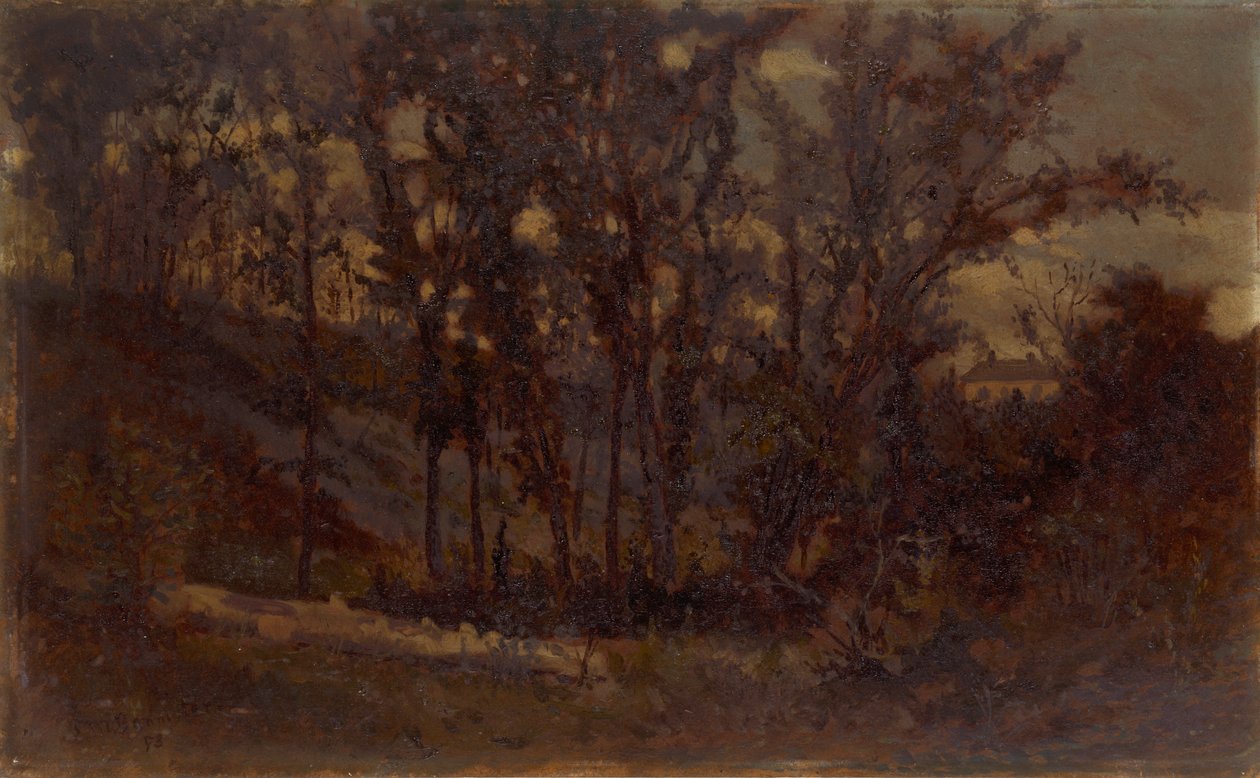 Nimetön metsänäkymä, kaatunut puu etualalla ja talo taustalla, 1873. tekijältä Edward Mitchell Bannister