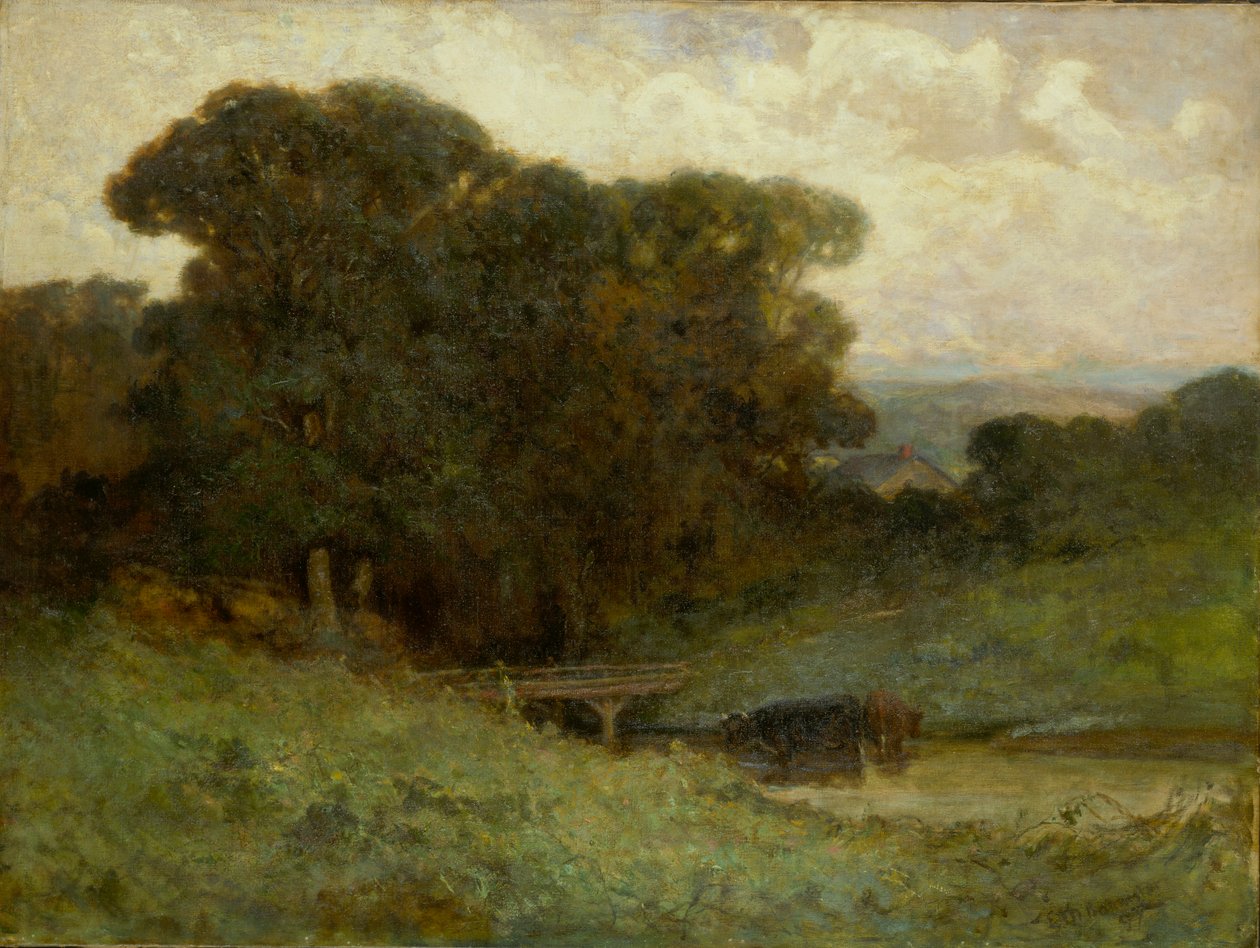Nimetön metsämaisema silta, lehmät purossa etualalla, 1897. tekijältä Edward Mitchell Bannister