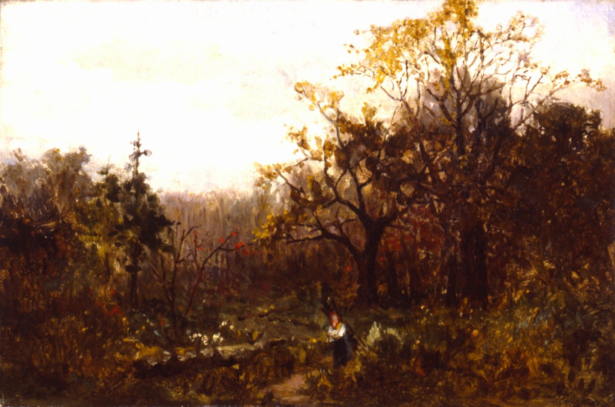 Nimetön maisema - nainen kantaa puuta. tekijältä Edward Mitchell Bannister