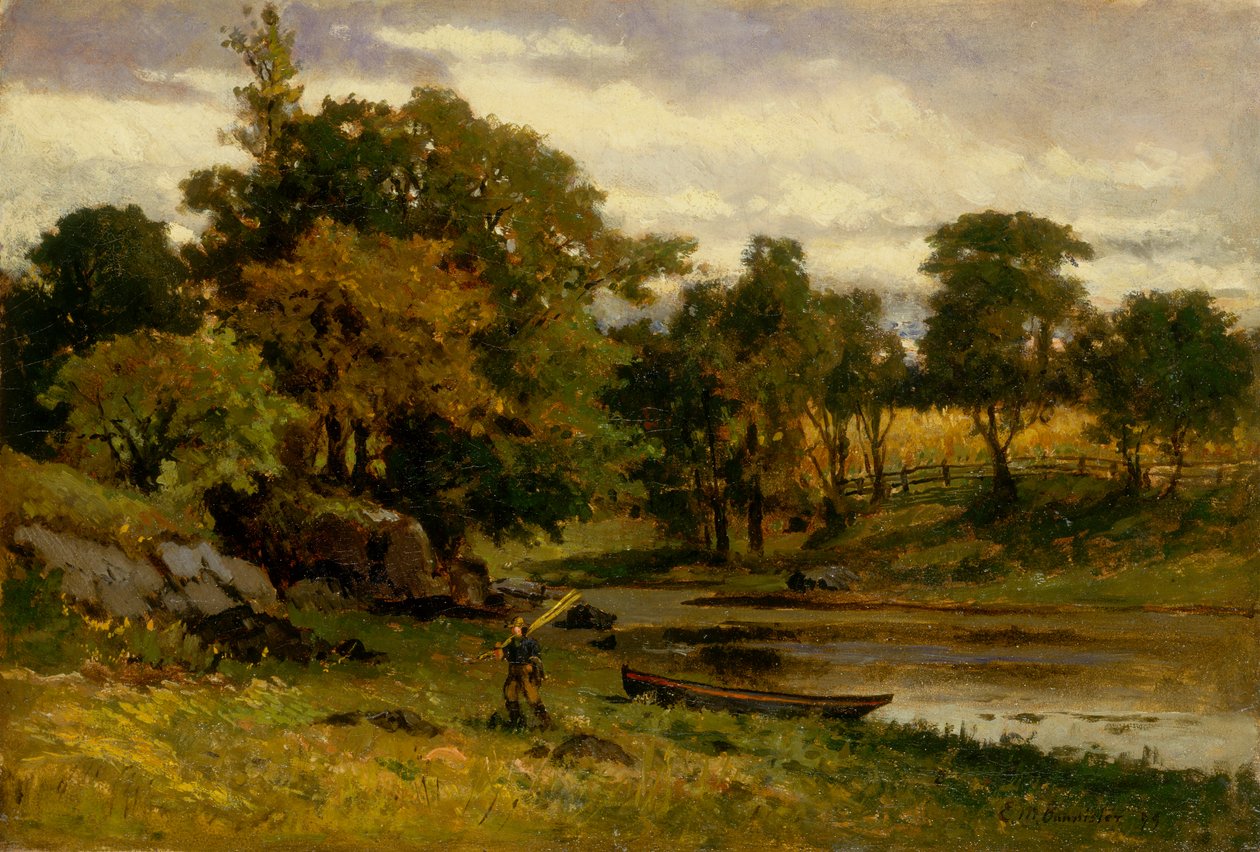 Nimetön maisema, vene ankkuroituna lähellä puroa, mies kävelee etualalla, 1879. tekijältä Edward Mitchell Bannister