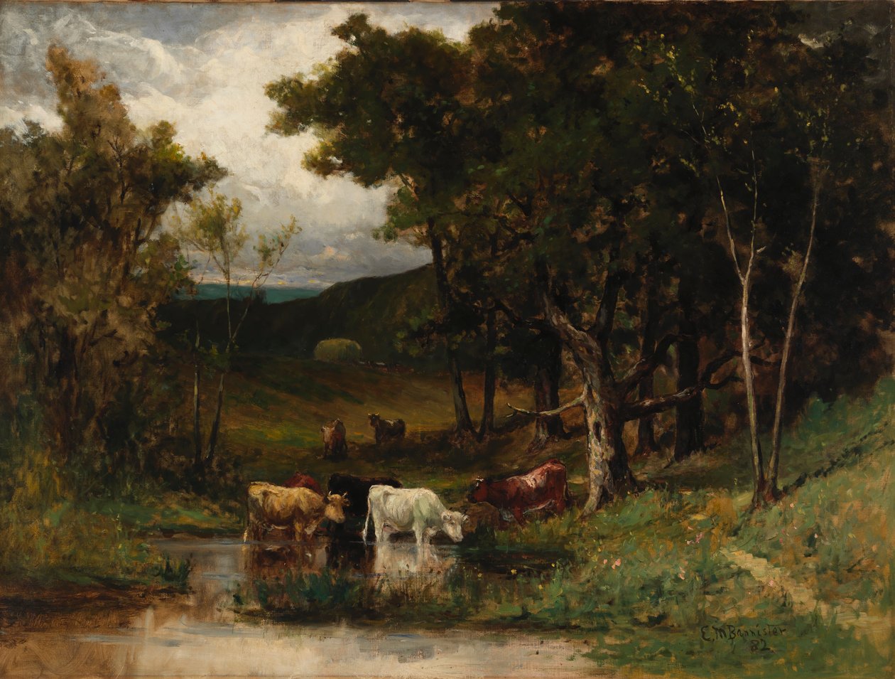 Nimetön maisema, jossa lehmiä purossa puiden lähellä, 1882. tekijältä Edward Mitchell Bannister