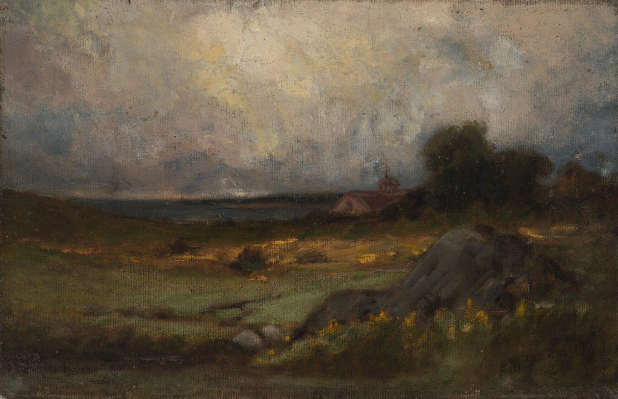 Nimetön maisema, jossa kivi etualalla ja katto tornilla, järvi taustalla, n.d. tekijältä Edward Mitchell Bannister
