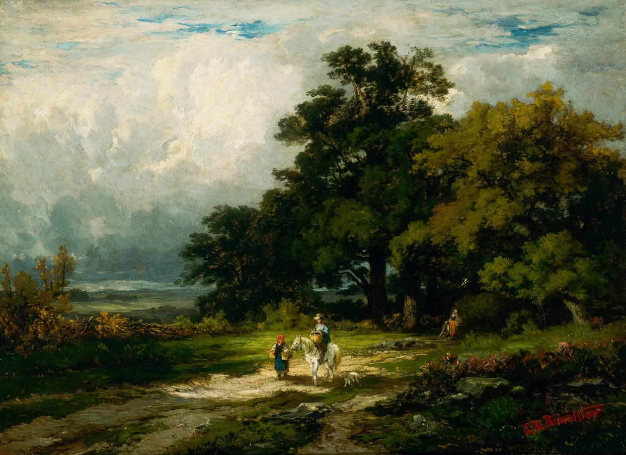Nimetön mies hevosen selässä naisen ja koiran kanssa. tekijältä Edward Mitchell Bannister