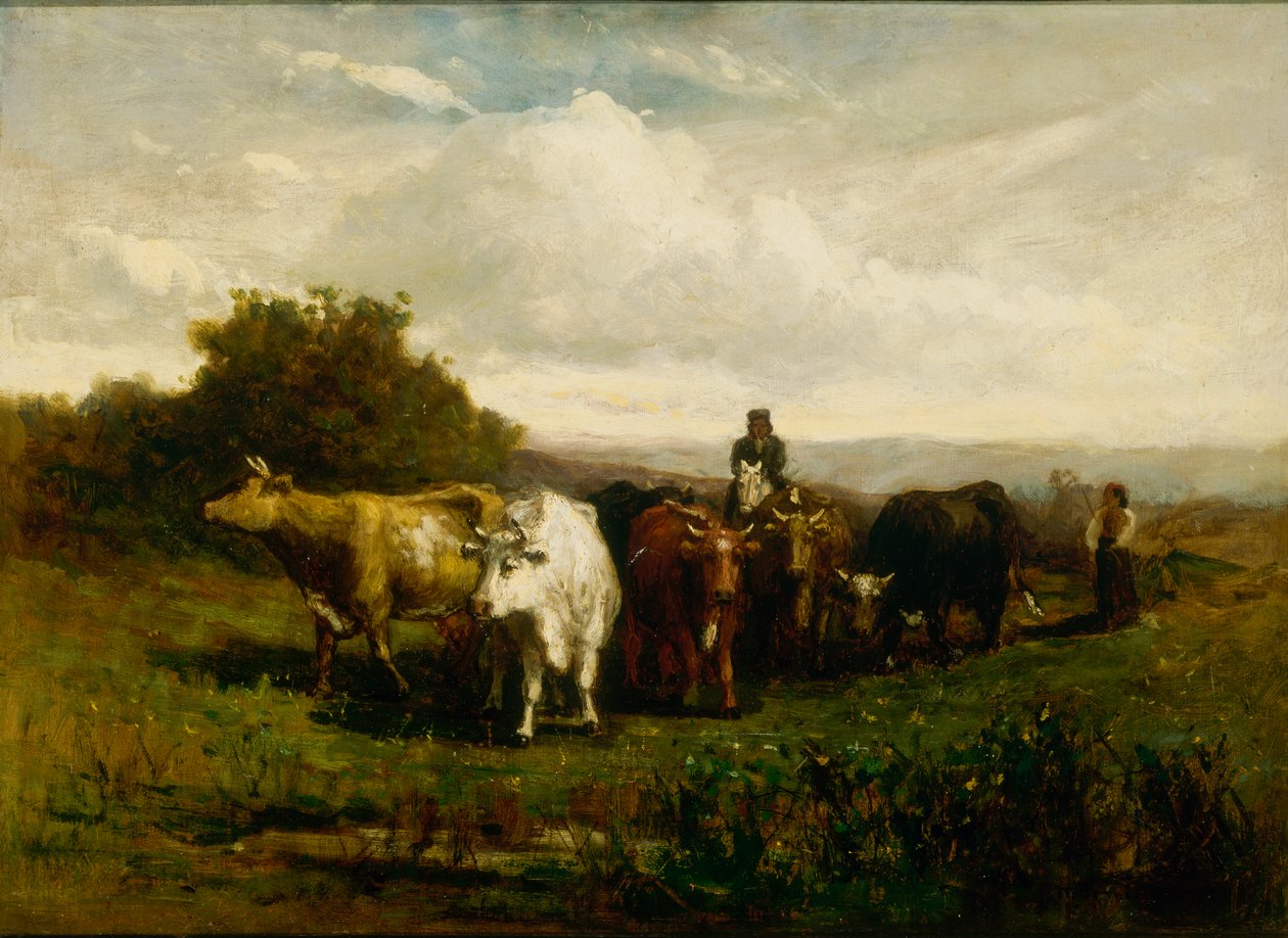 Nimetön mies hevosen selässä, nainen jalkaisin ajamassa karjaa, 1880. tekijältä Edward Mitchell Bannister