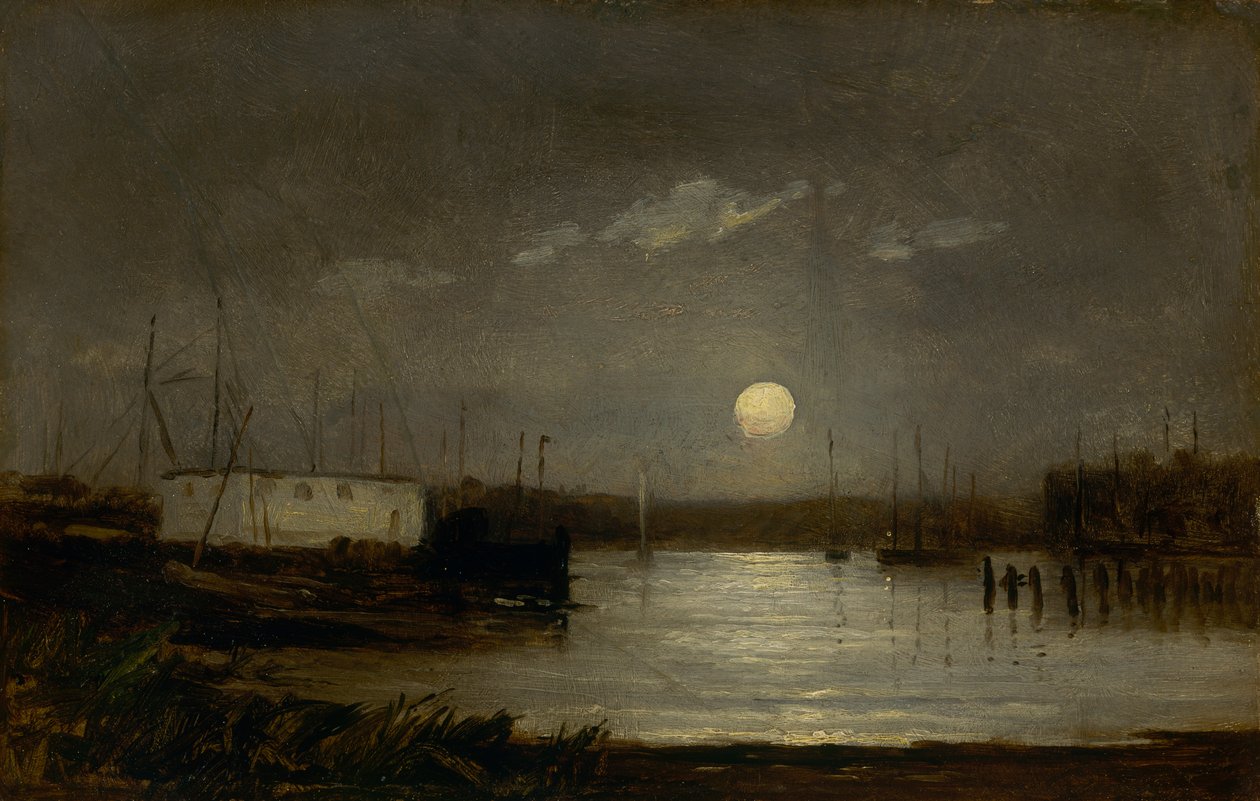 Nimetön kuu sataman yllä, laiturimaisema täysikuulla ja veneen mastot, n. 1868. tekijältä Edward Mitchell Bannister
