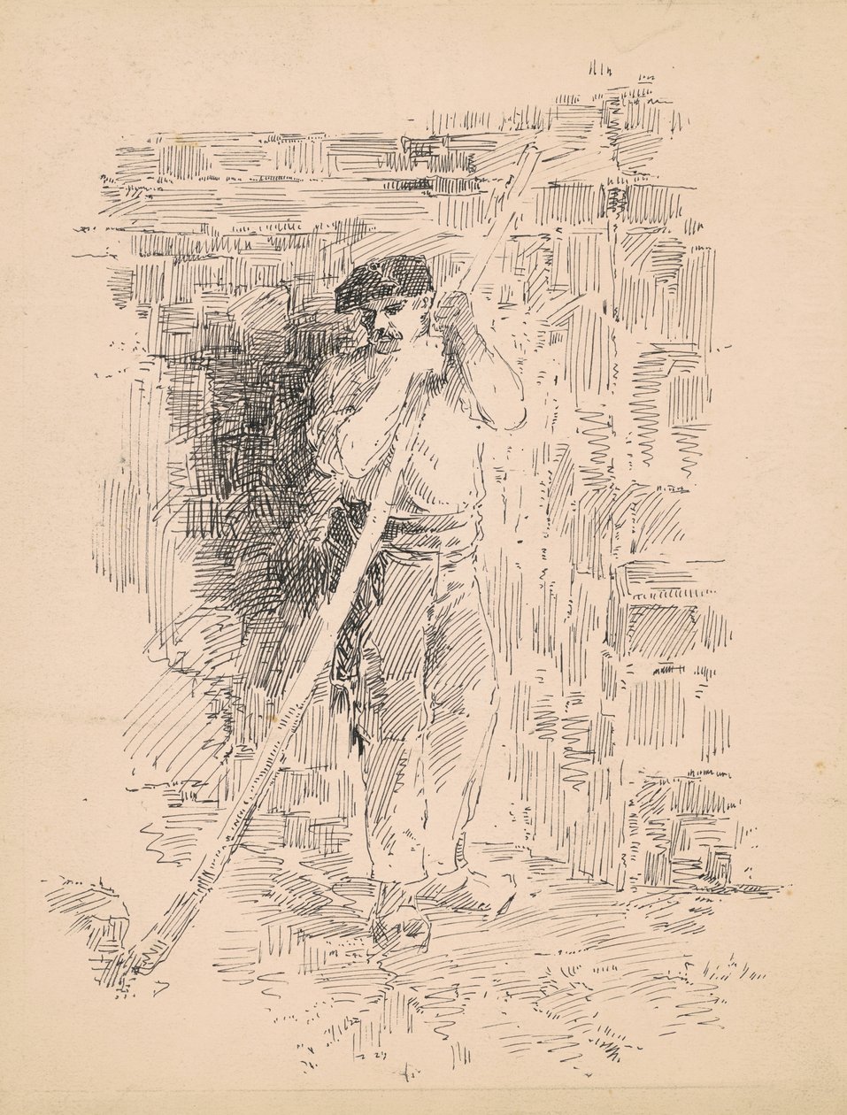 Seisova miespuolinen talonpoika, noin 1878 (kynä ja mustaa tussia vellapaperille). tekijältä Edward Moran