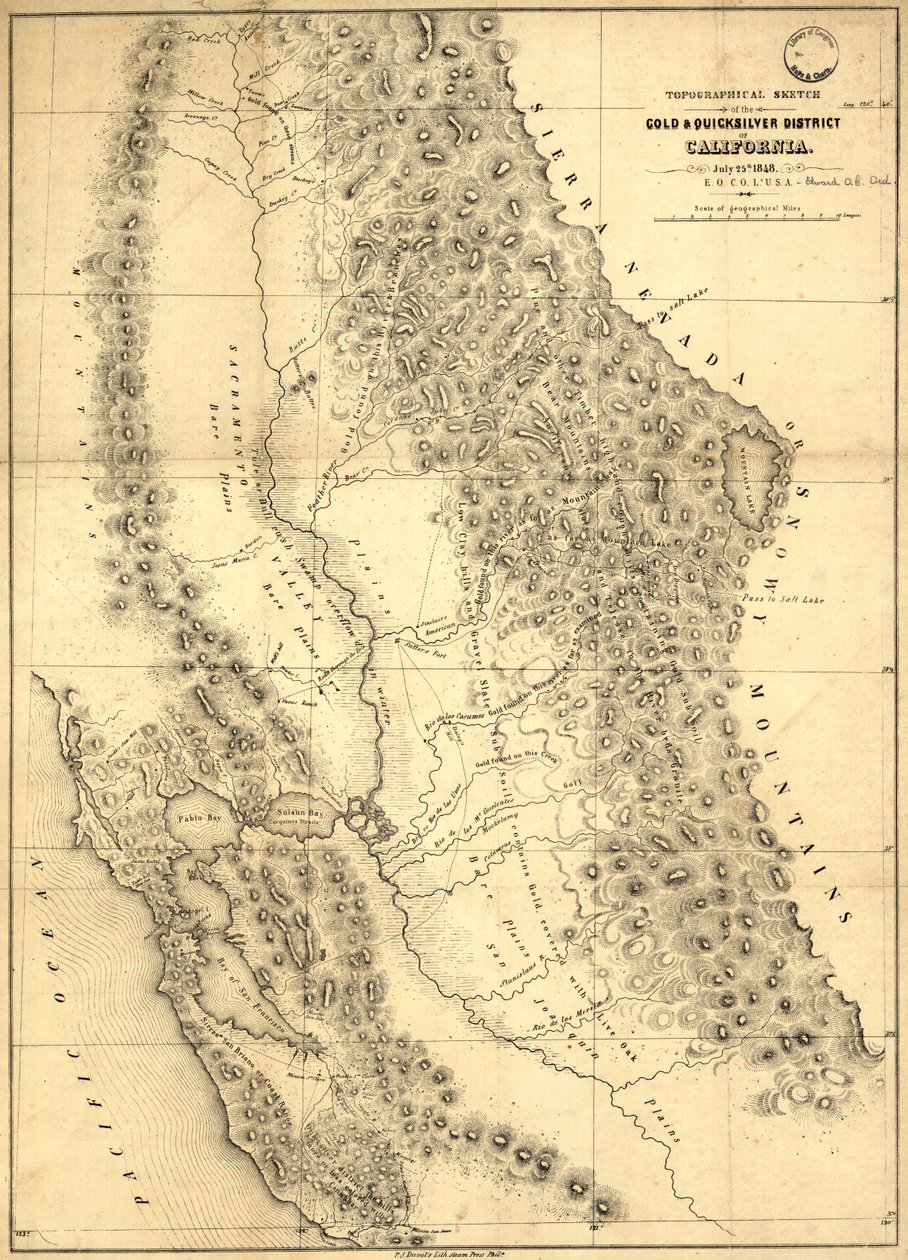 Topografinen luonnos Kalifornian kulta- ja pikahopeapiiristä, 1848 tekijältä Edward Otho Cresap Ord