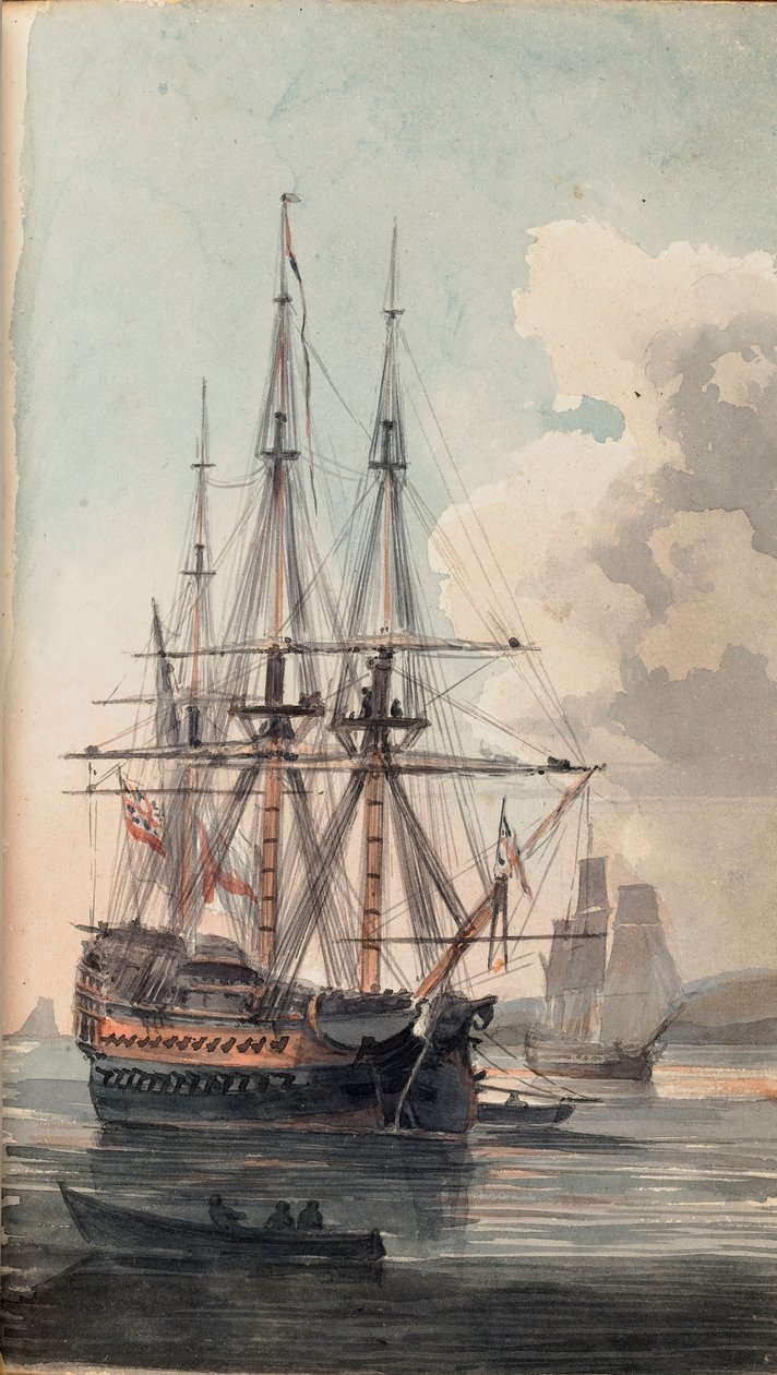 Näkymä Hänen Majesteettinsa laivasta Inflexible, 1800-luvun alku (akvarelli). tekijältä Edward Pelham Brenton