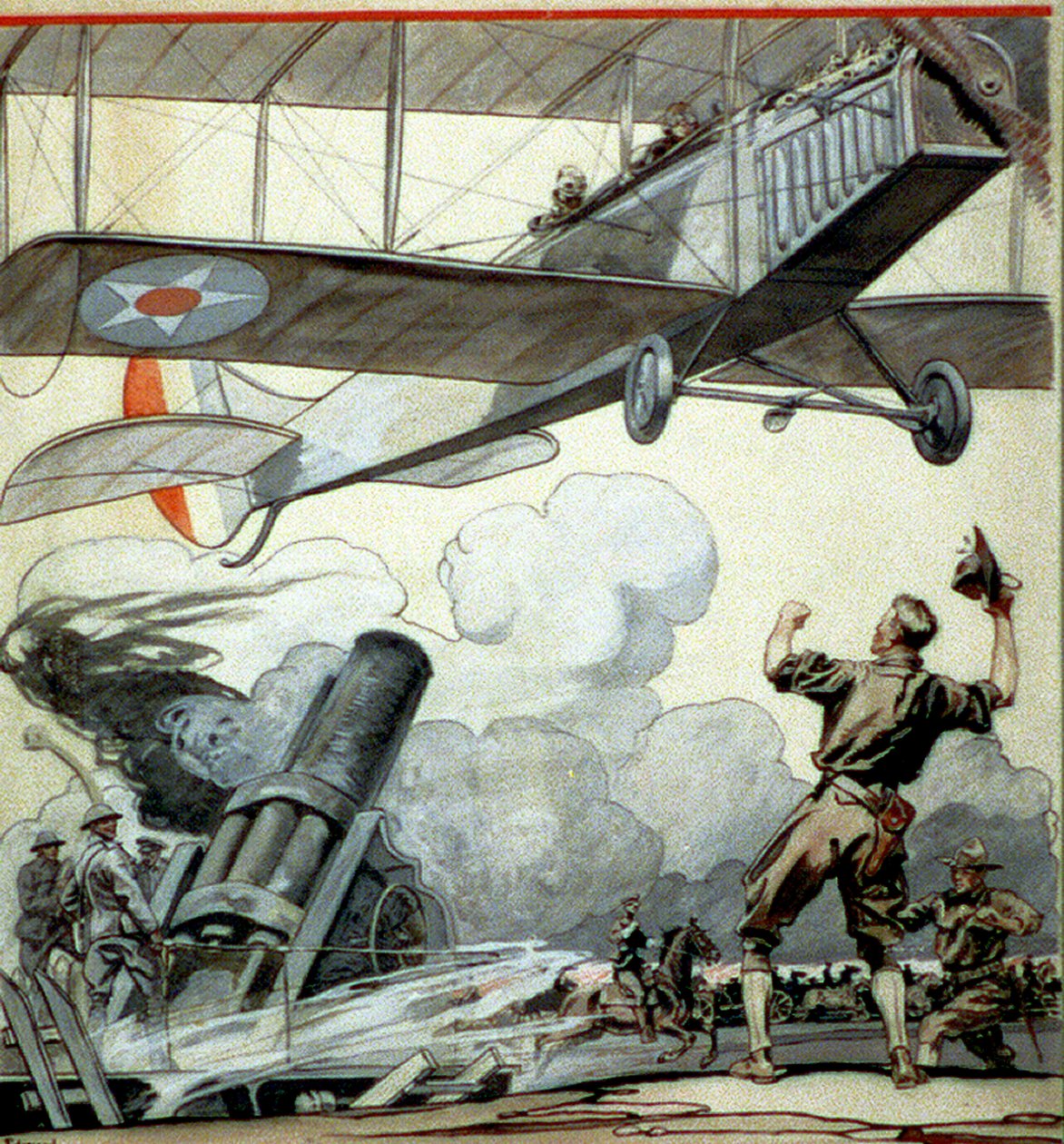 Lentokone, tykistöase ja sotilaat tekijältä Edward Penfield