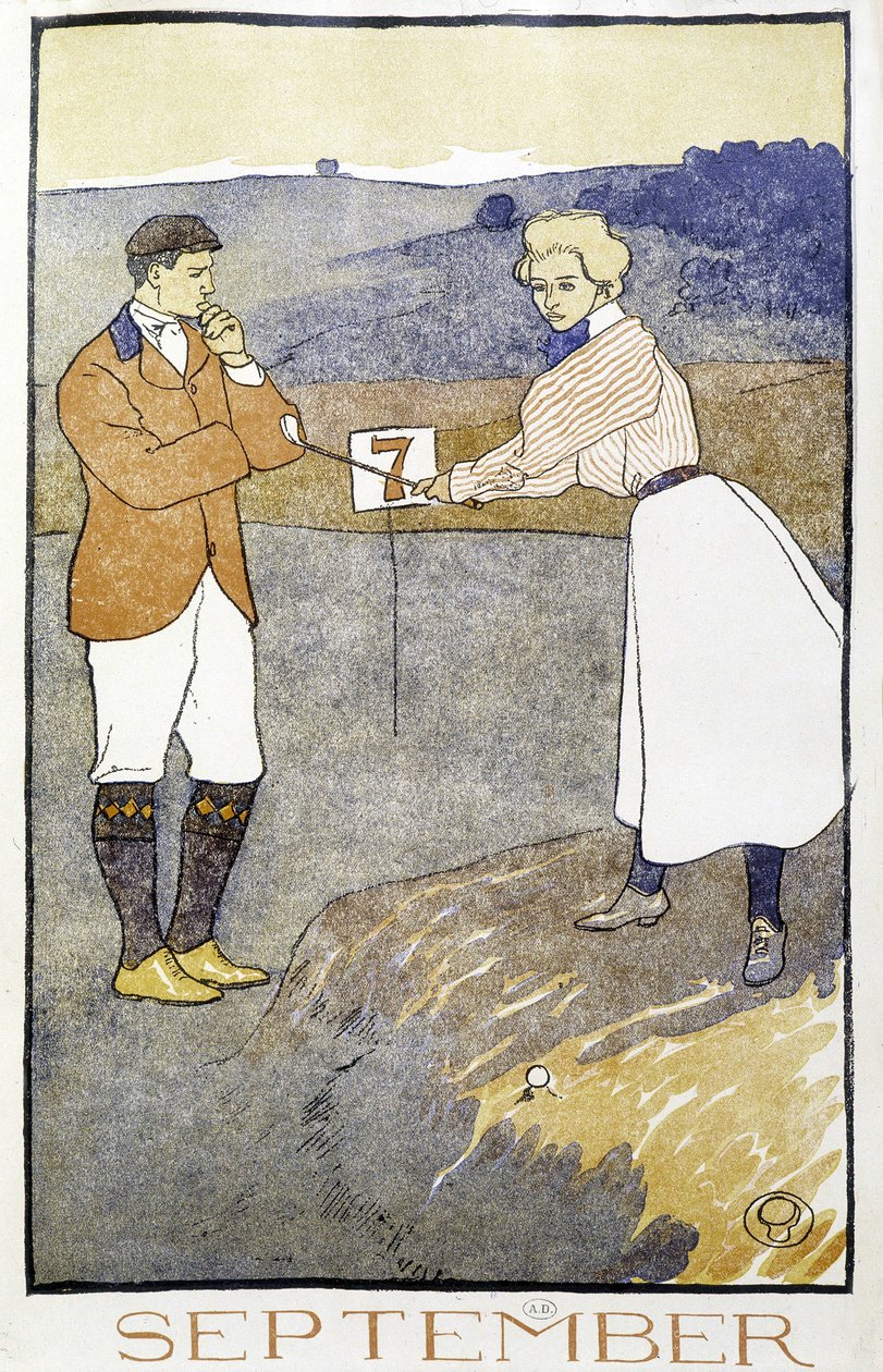 Pariskunta pelaa golfia - Edward Penfieldin "" Golfkalenterissa". tekijältä Edward Penfield
