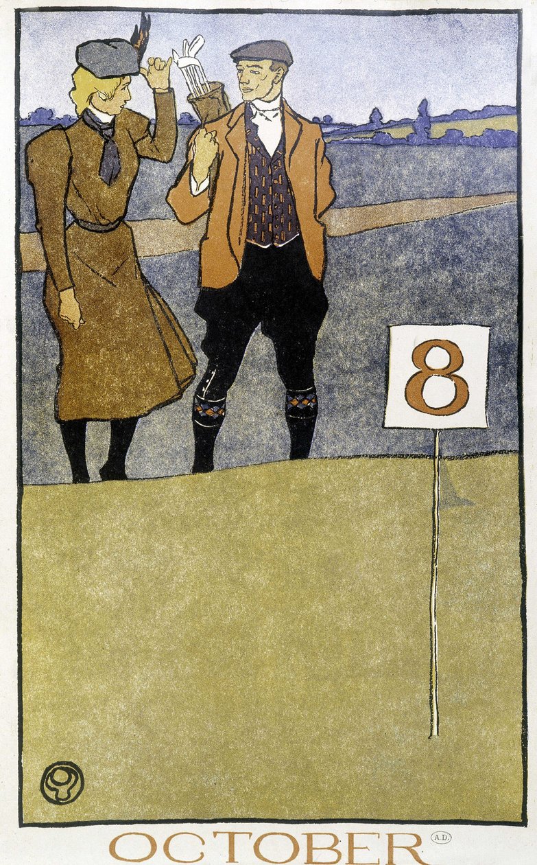 Pariskunta pelaa golfia - Edward Penfieldin "" Golf Calendar" -kirjassa, toim. 1899 tekijältä Edward Penfield